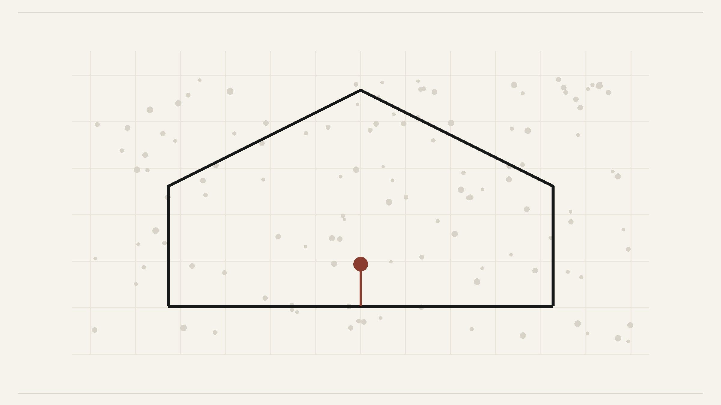 Editorial illustration: a house outline drawn over a faint grid of data points, with a rust marker at the doorway