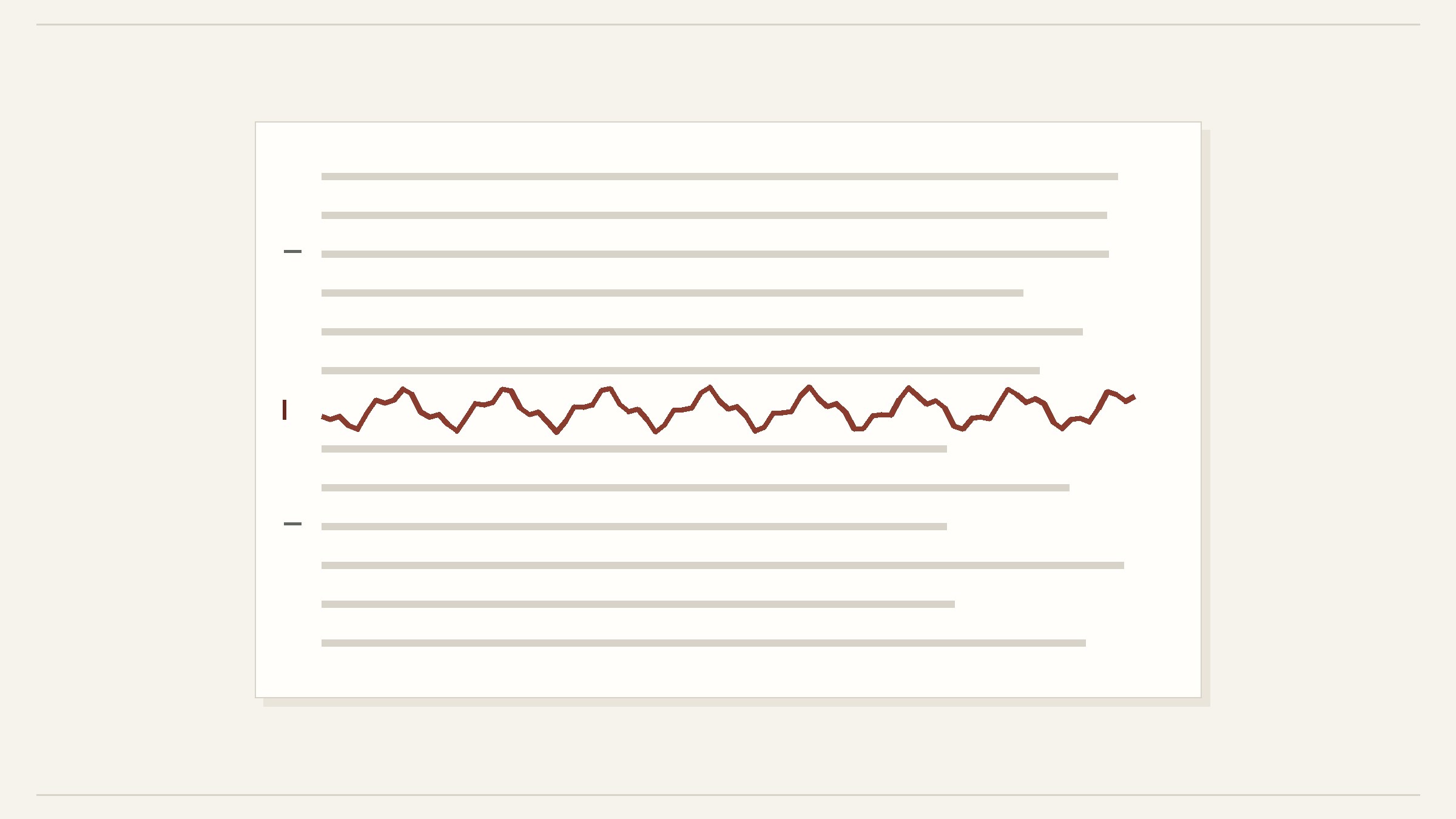 Editorial illustration: a page of text lines with one line rendered as an irregular rust-red waveform