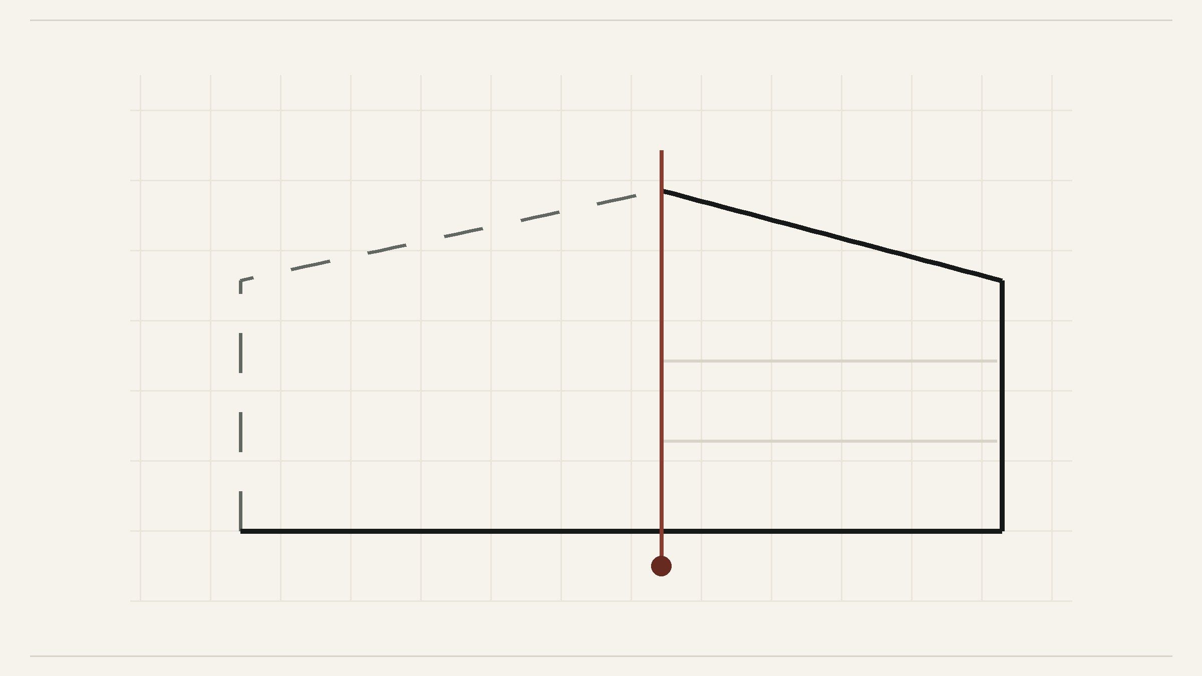 Editorial illustration: a building outline half drawn in dashed lines and half in solid ink, divided by a rust plumb line