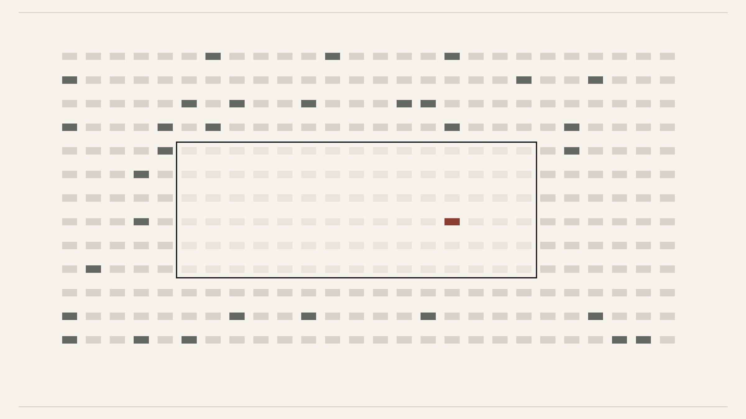 Editorial illustration: a grid of small case-file bars with a large outlined block of lighter cases and a single rust-colored case