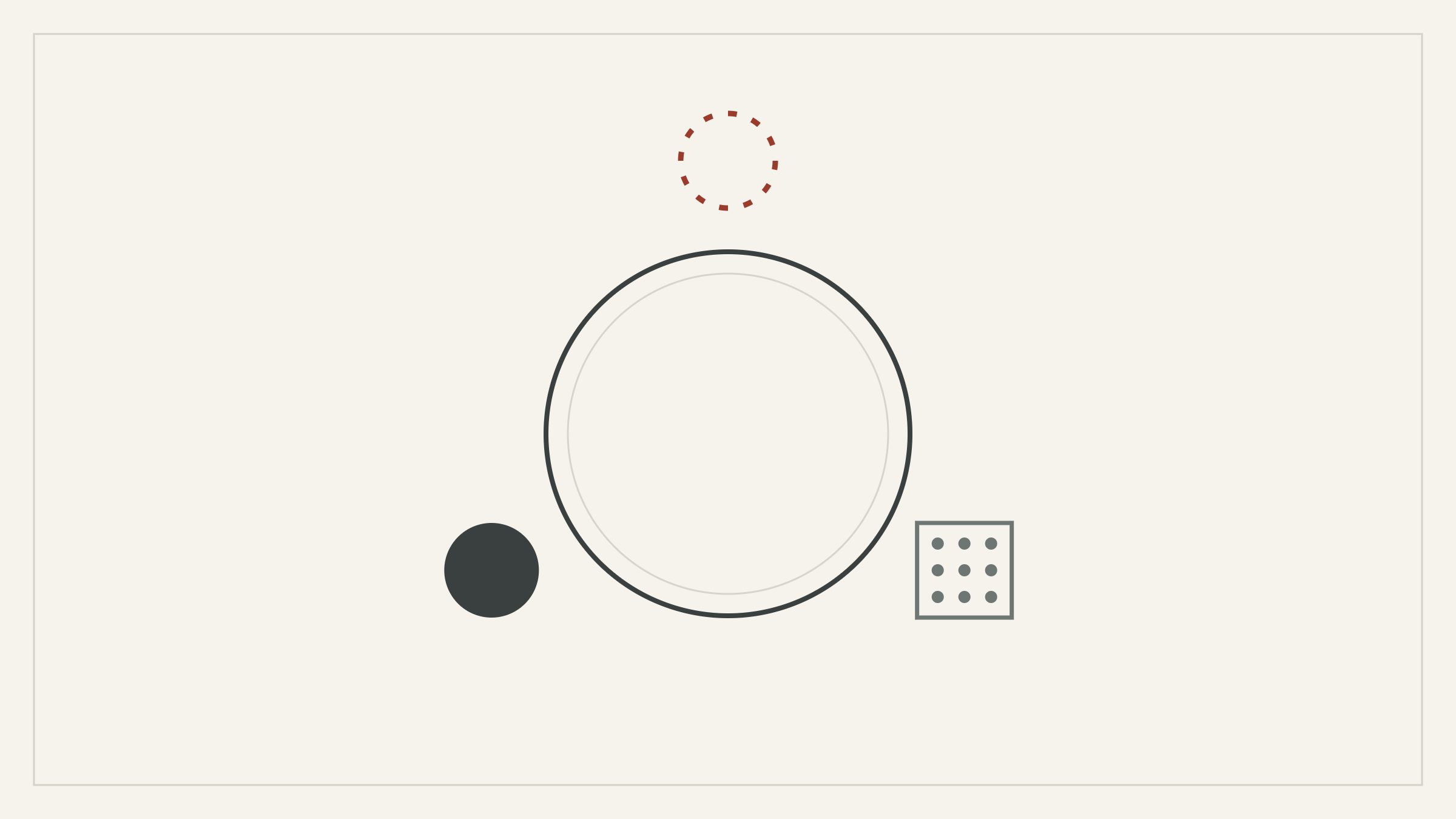 Minimal geometric illustration of a round table with three seats: a solid slate circle, a gray square with a grid of dots, and an empty seat drawn only as a dashed rust outline.